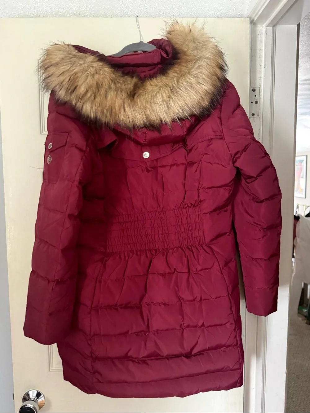 Michael Kors Wine-Red Quilted Puffer Coat with Faux-Fur Trim